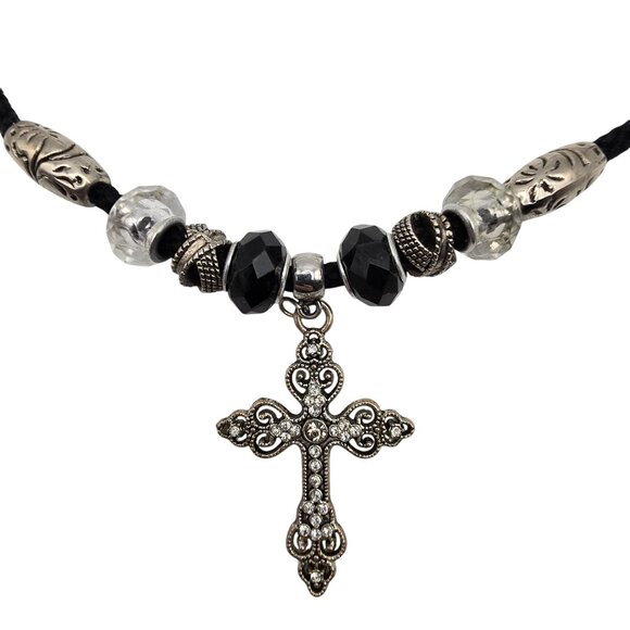 Silver Tone Necklace Corded Cross Beaded Dark Whimsigoth Religious Faith Jewelry - Picture 2 of 6